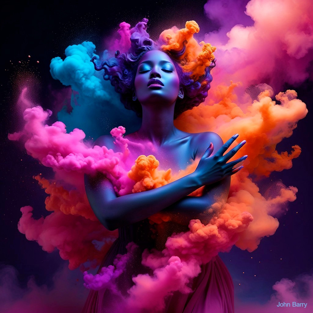 Ethereal figure in colorful smoke on dark background