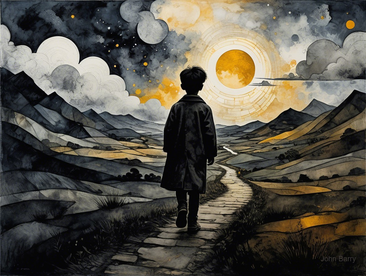 Monochromatic Landscape with Boy on Winding Path