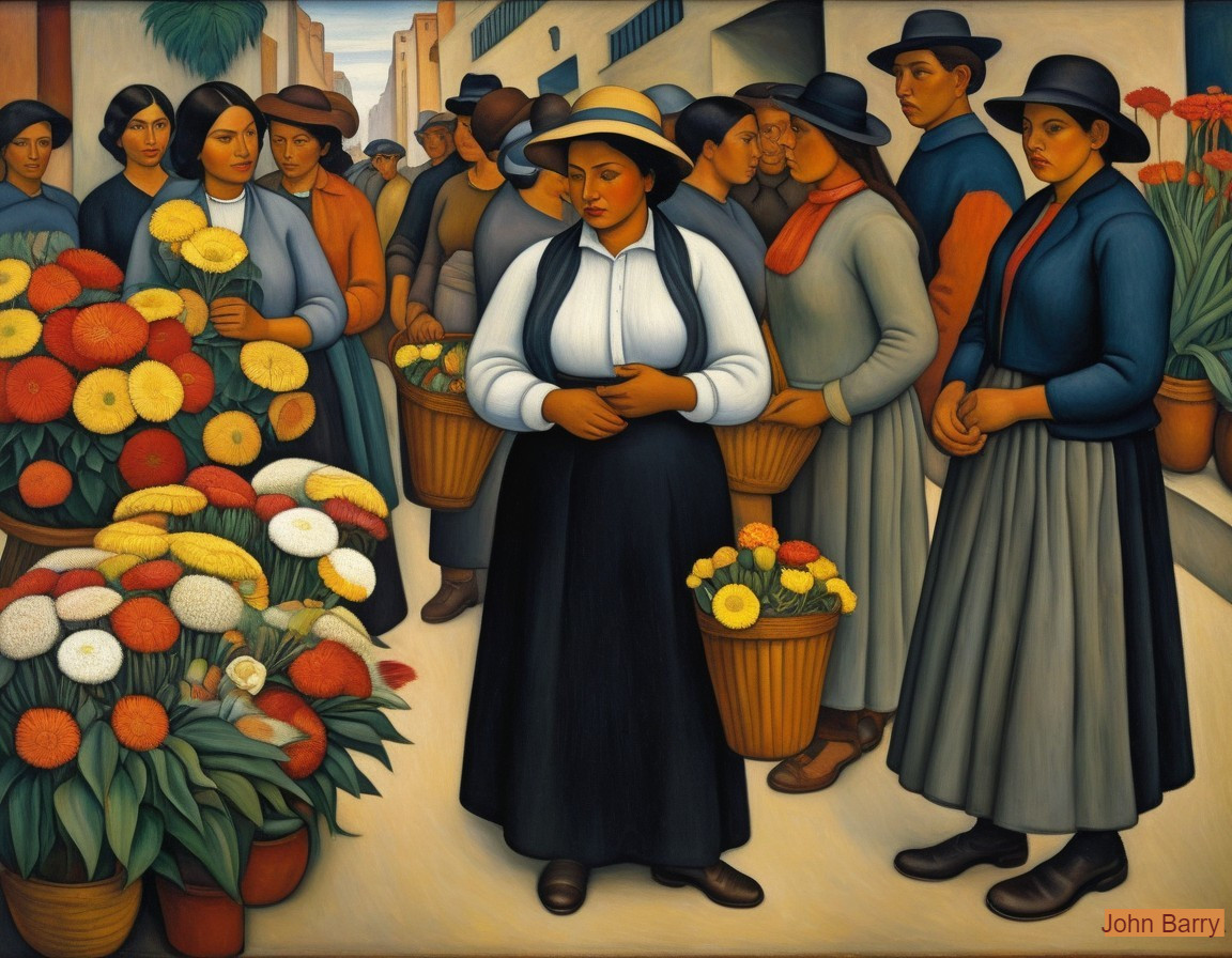 Regionalist Painting of People by Flower Stall