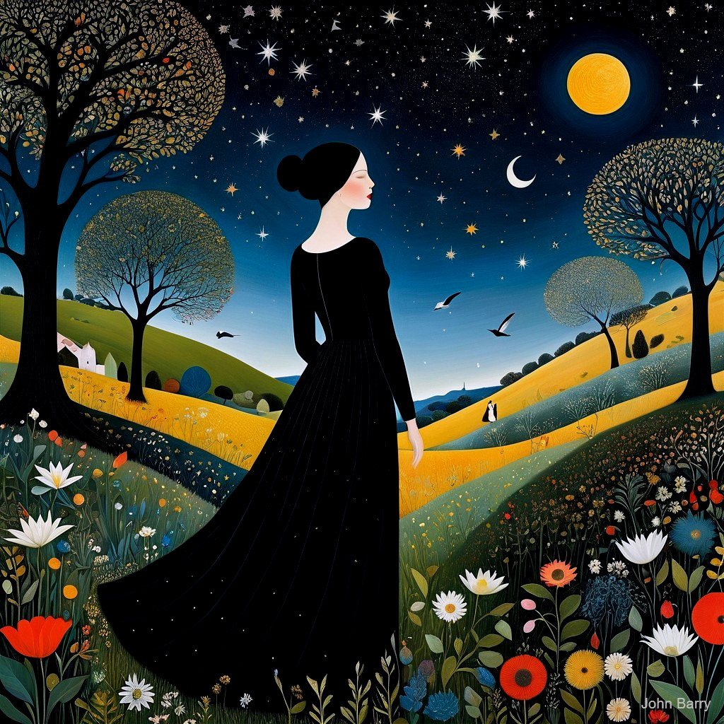 Serene Landscape with Woman in Black Dress and Moonlight