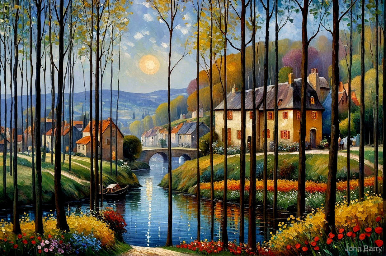 Serene River Landscape in a Charming Village Scene