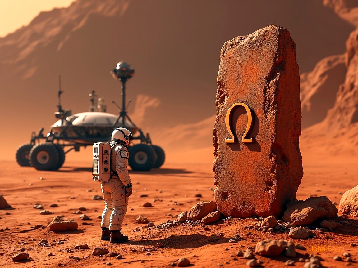 Astronaut on Mars with Monolithic Stone and Rover