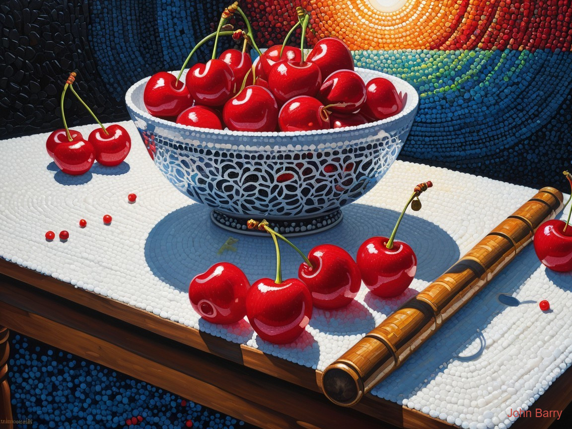 Vibrant Still Life with Cherries and Wooden Flute