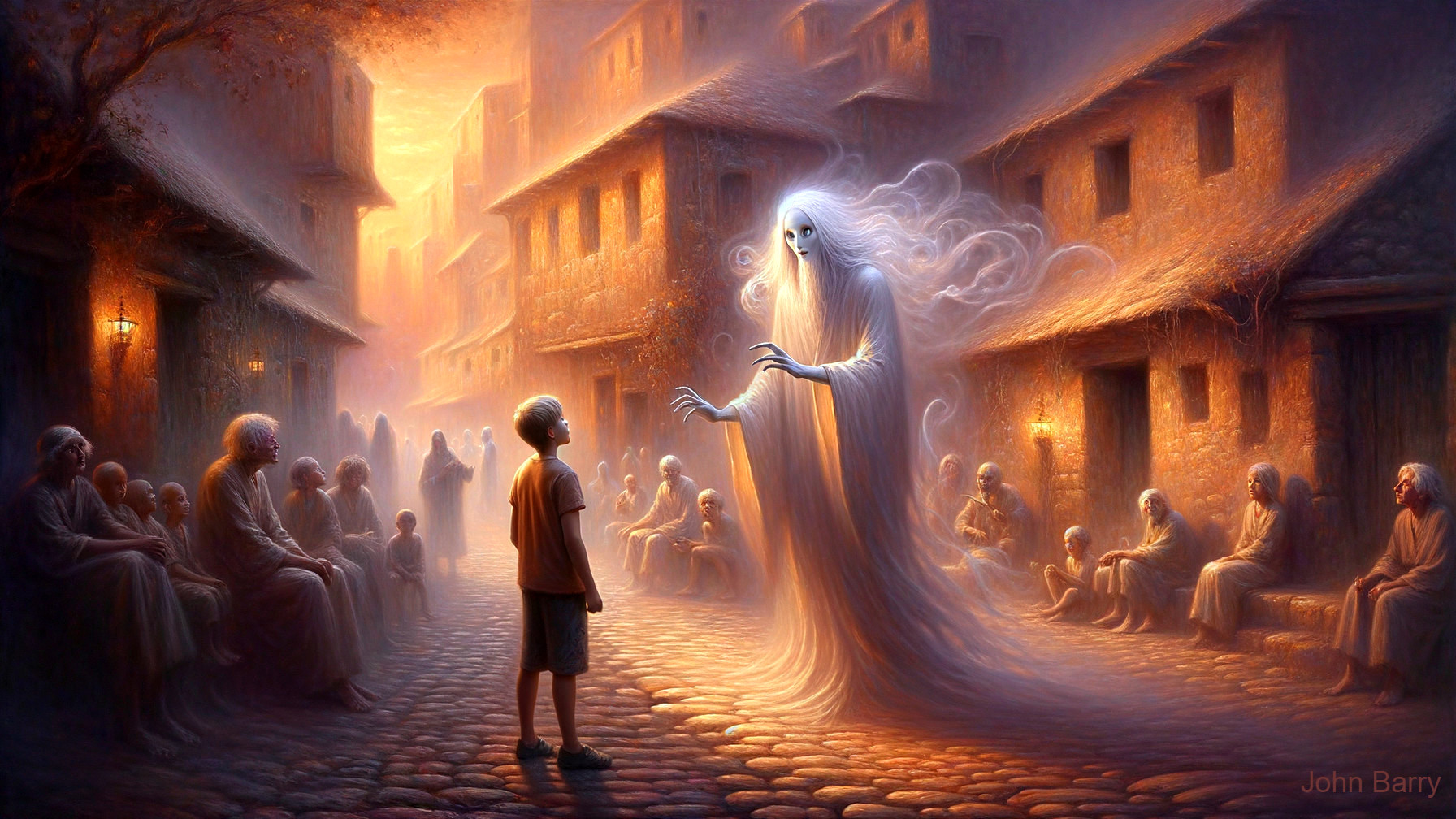 Mystical Village Scene with Ghostly Figure and Boy