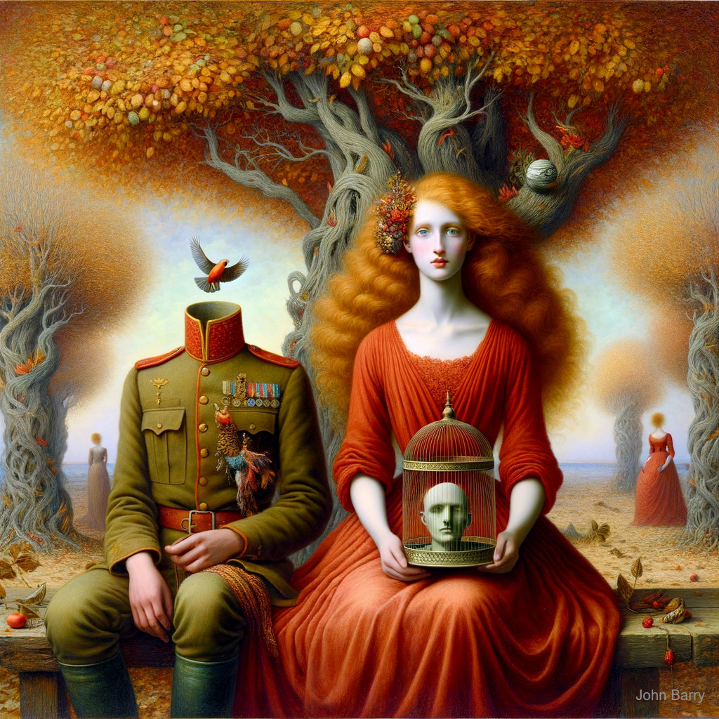 Surreal Autumn Landscape with Headless Soldier and Woman