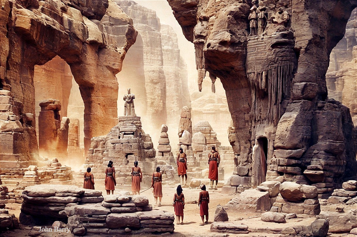 Ancient Altar Surrounded by Figures in Vibrant Robes