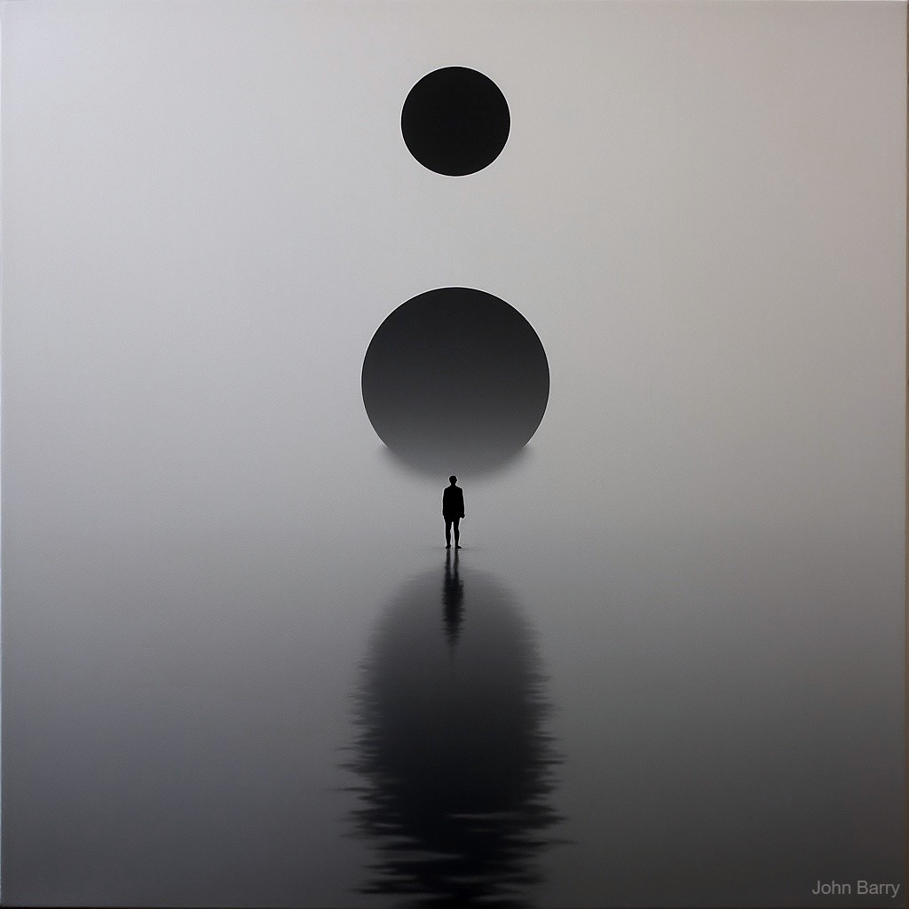 Solitary Figure in Misty Landscape with Black Circles