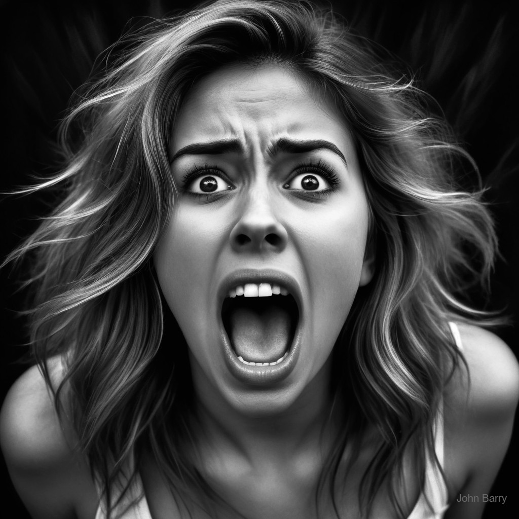 Close-up of a woman expressing anguish in black and white