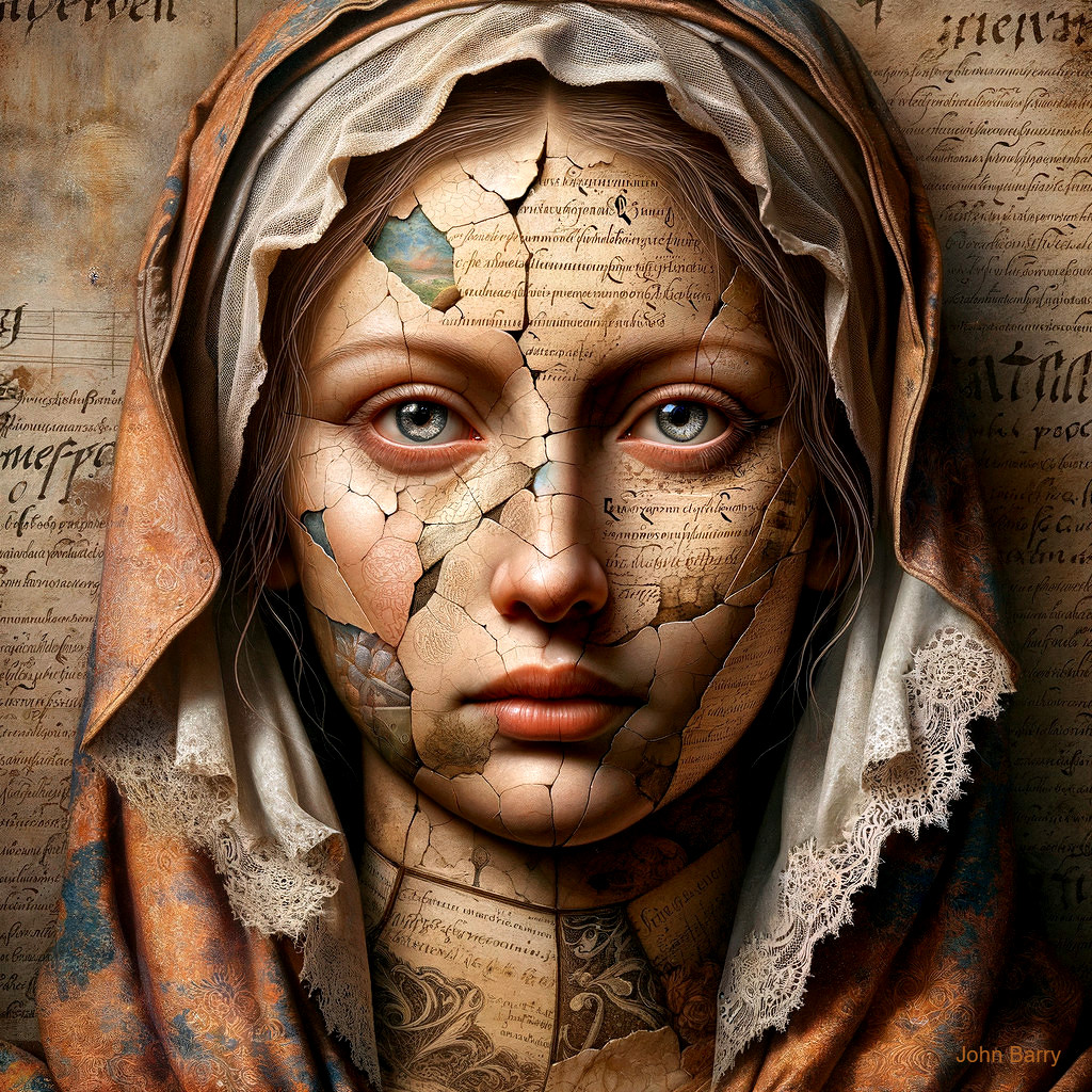 Woman with Cracked Porcelain Face and Vintage Elements