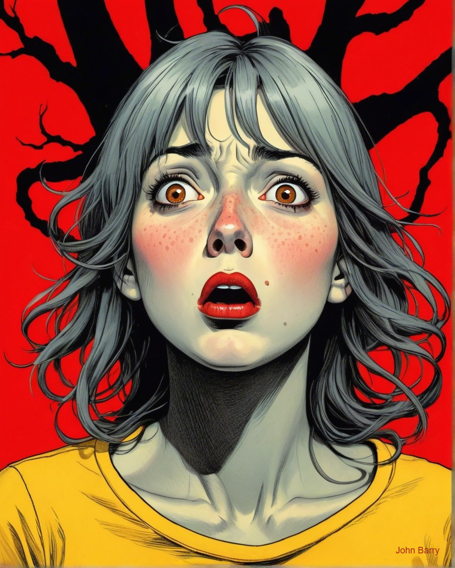 Young Woman with Gray Hair and Shocked Expression
