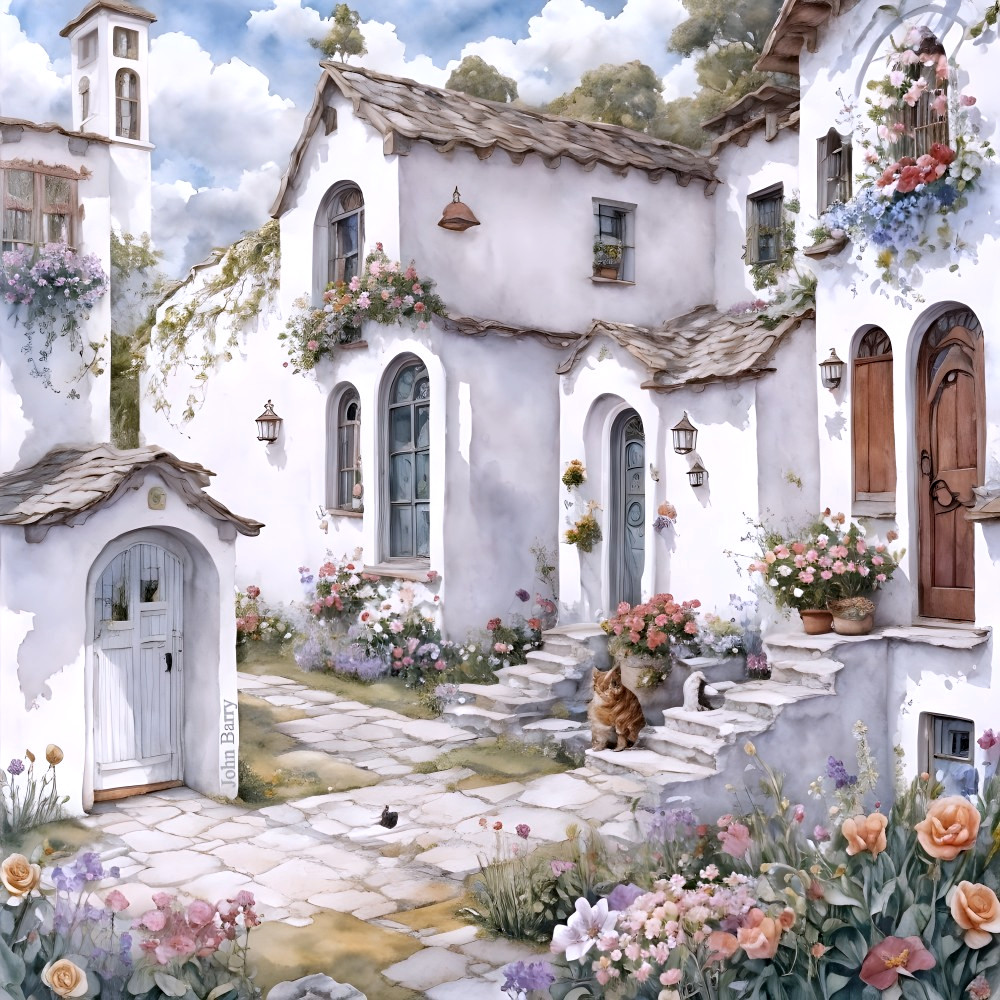 Charming Sunlit Village with Whitewashed Houses and Flowers