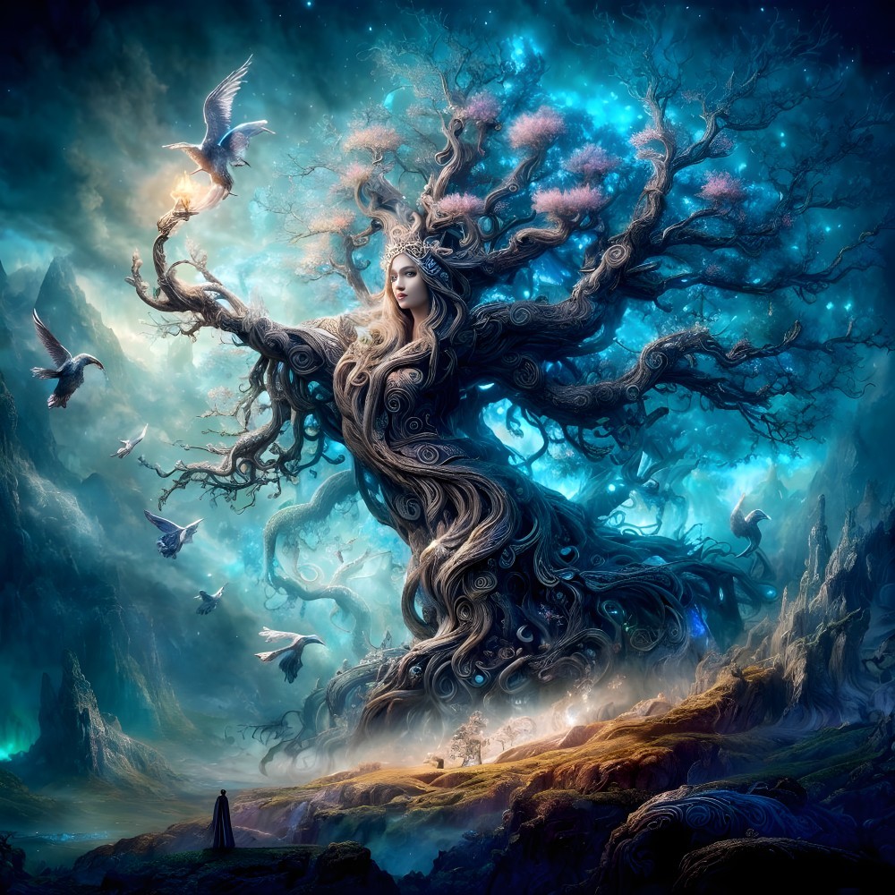 Mystical figure merging with tree in fantasy landscape