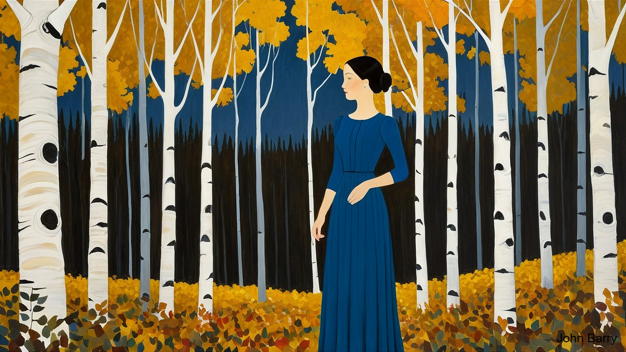 Woman in Blue Dress in Autumn Forest Setting