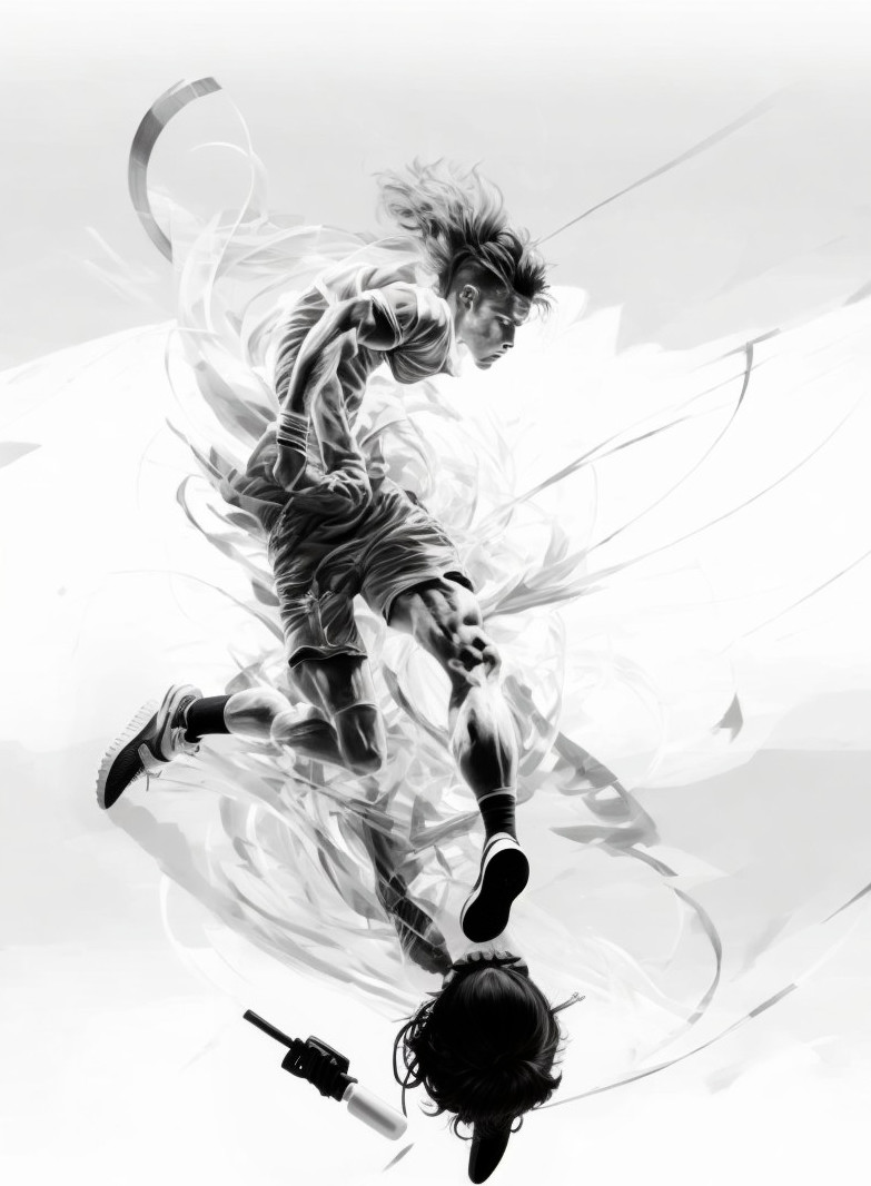 Monochrome illustration: Person leaping over another with gun, windy hair.