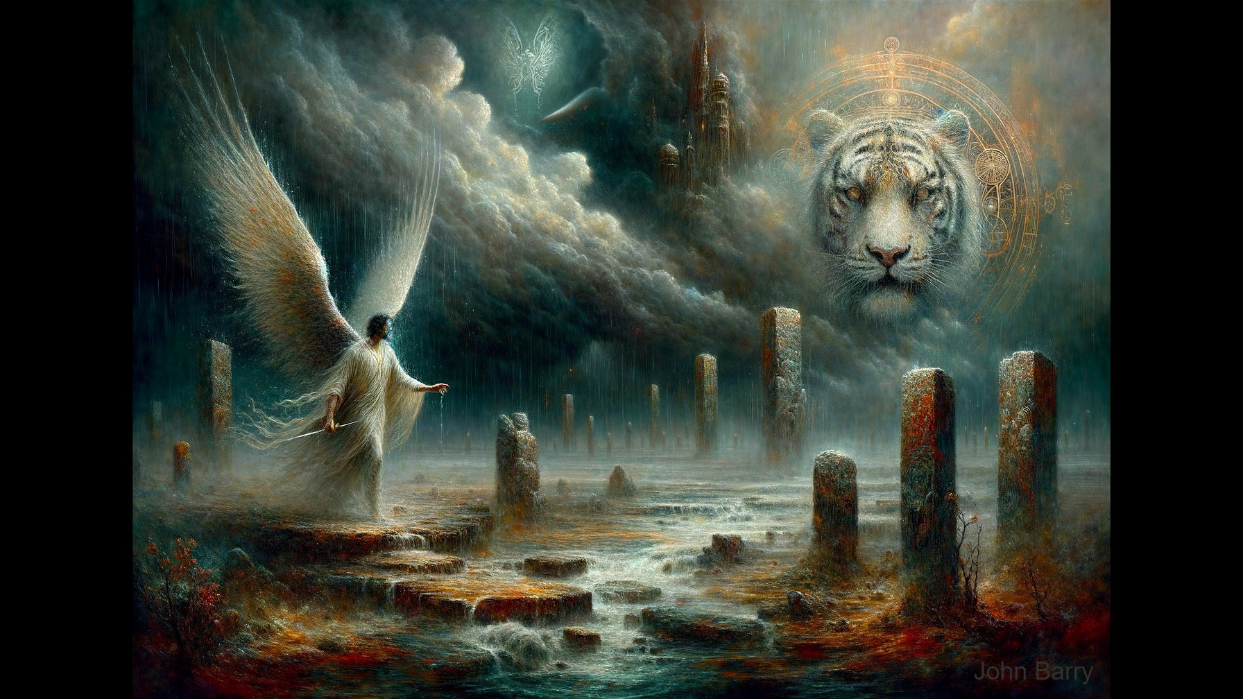 Serene Figure with Wings in Mystical Landscape