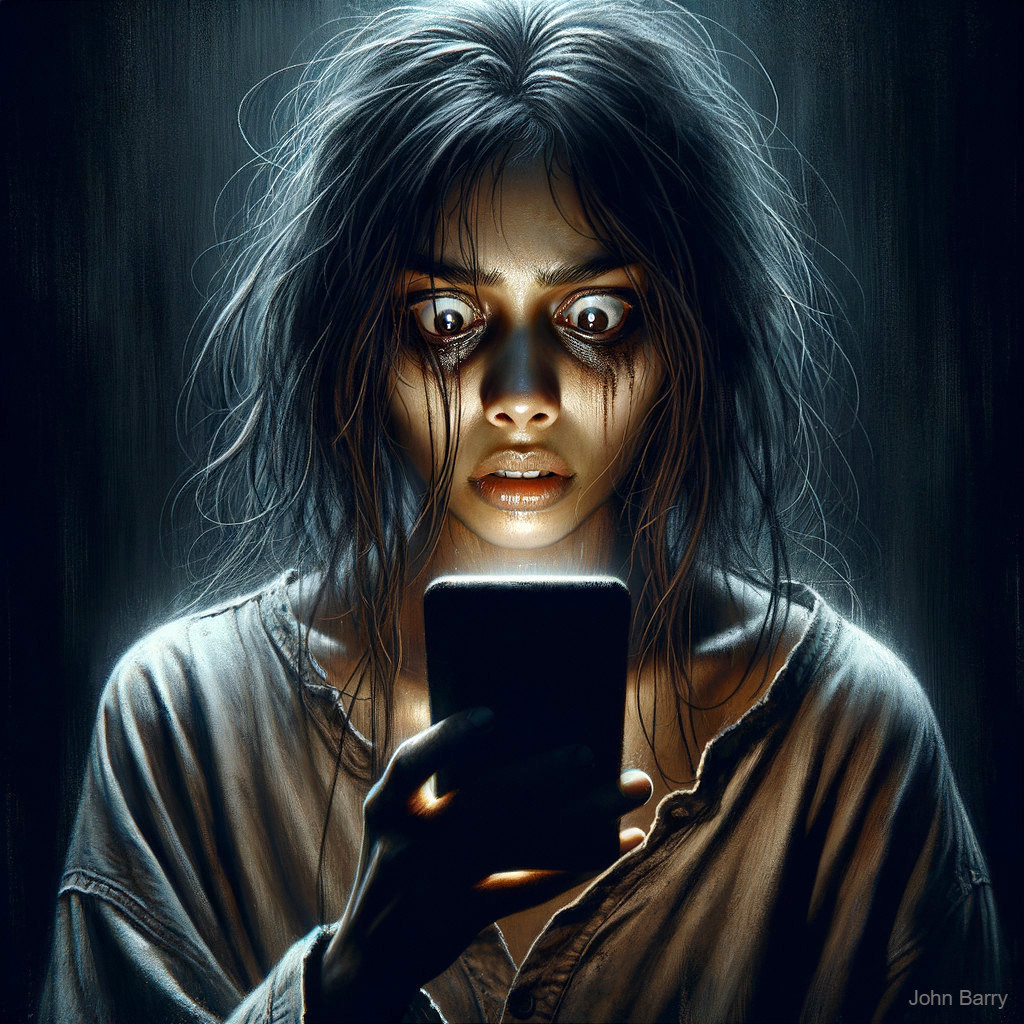 Young woman with wild hair gazes at phone glow
