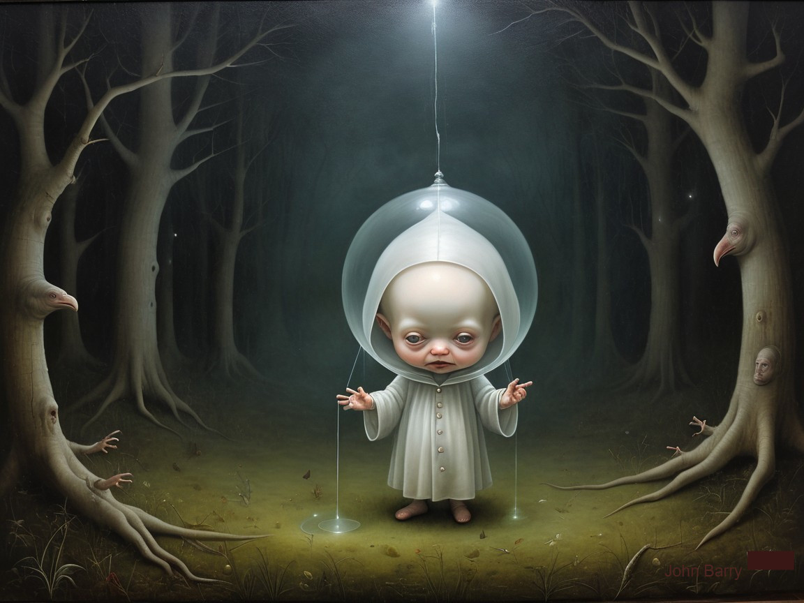 Surreal Scene of a Child in a Dark Forest