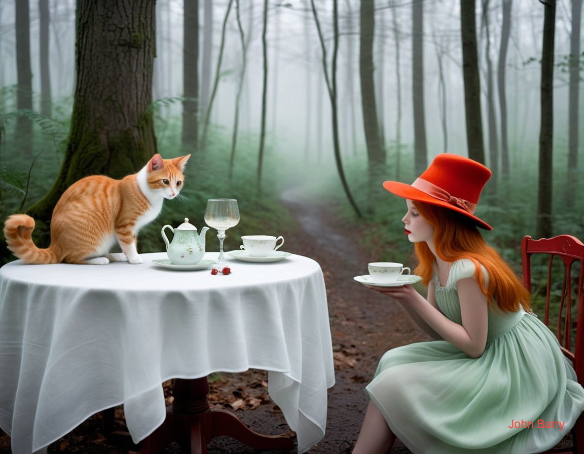Whimsical Tea Party in a Misty Forest Setting