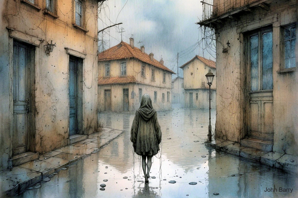 Lone Figure in Cloak at Rainy Street Intersection