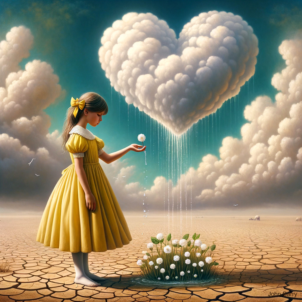 Young Girl in Yellow Dress on Cracked Ground with Cloud