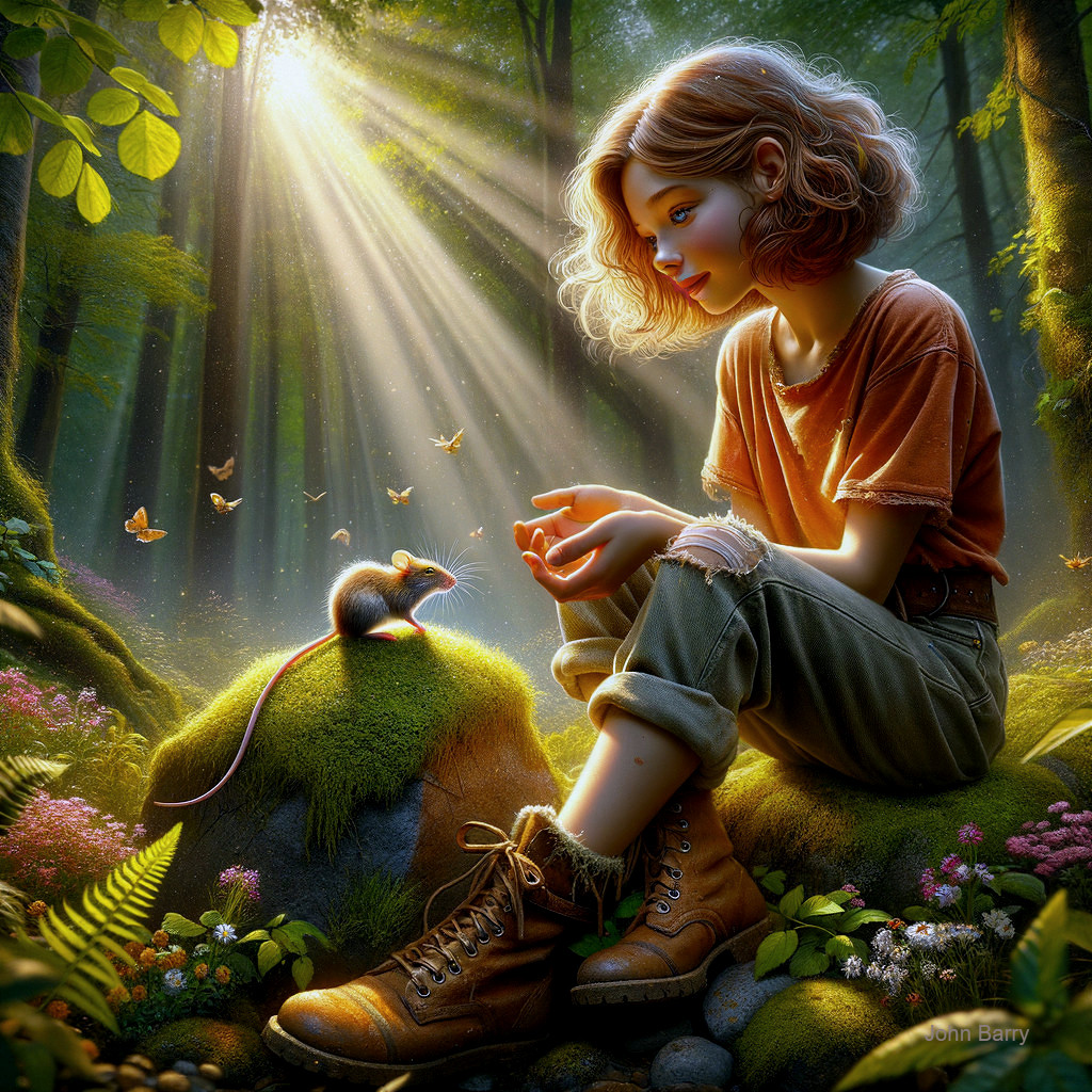 Curious Girl Observing Mouse in Sunlit Forest Setting