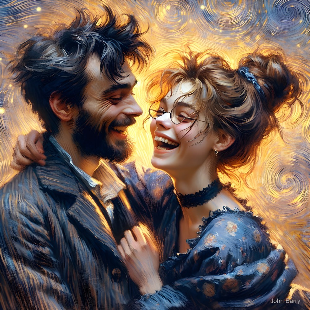 Joyful couple in intimate moment with radiant glow