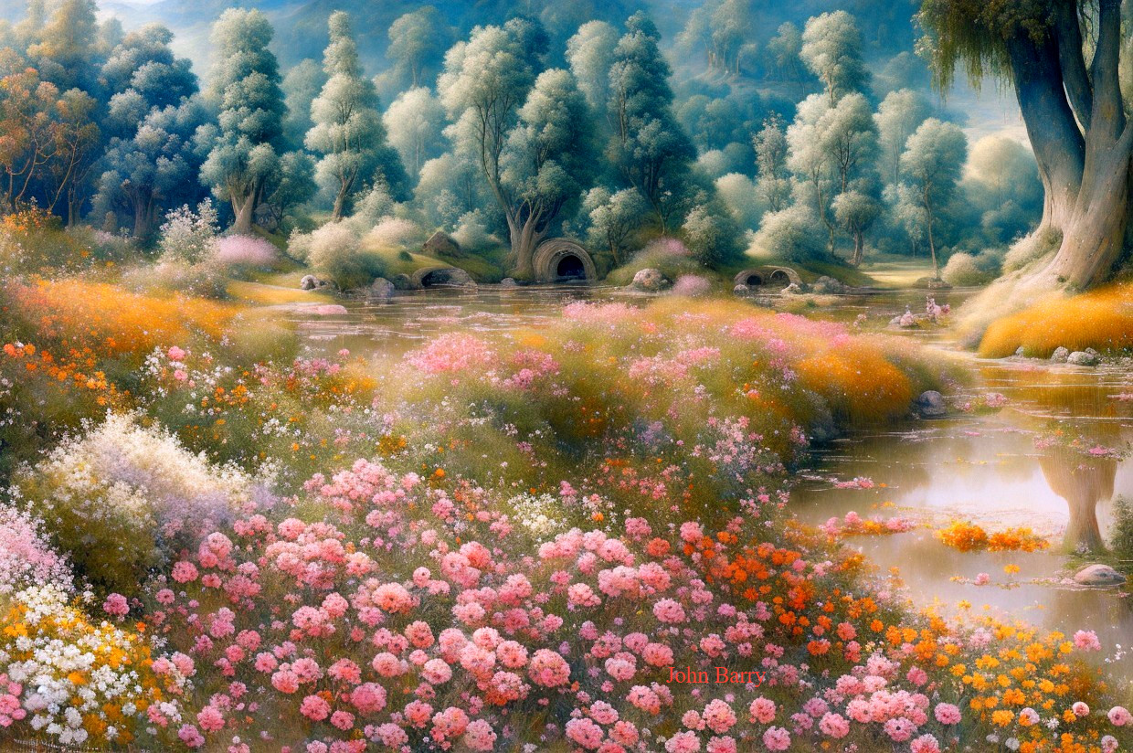 Vibrant Landscape with Flowers, Pond, and Bridge