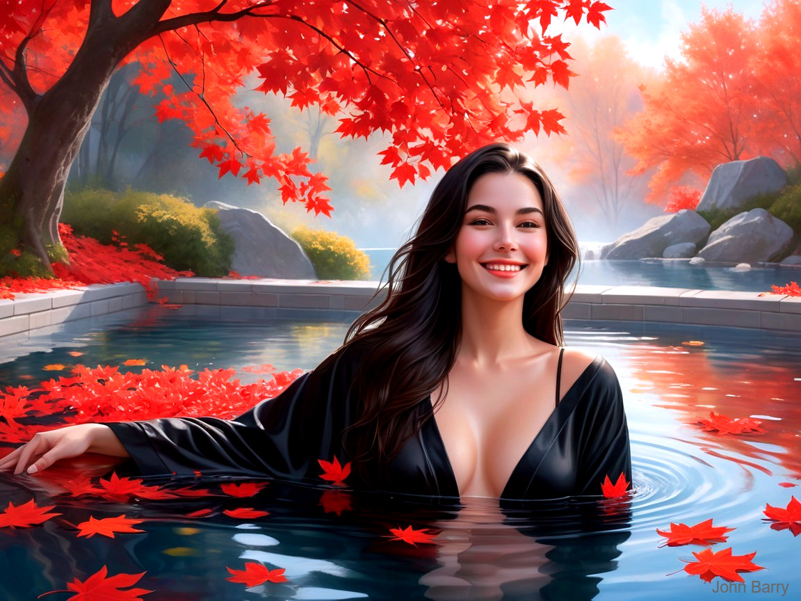 Young Woman in Tranquil Pool Surrounded by Autumn Leaves