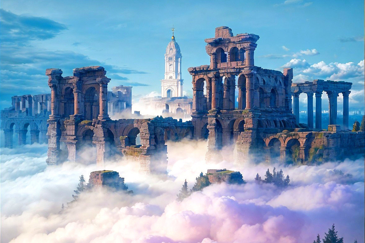 Ancient Ruins Above Colorful Clouds in Dreamlike Scene