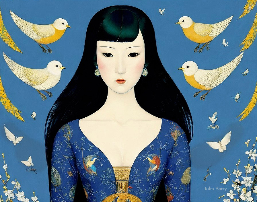 Serene Woman in Blue Dress Surrounded by Birds