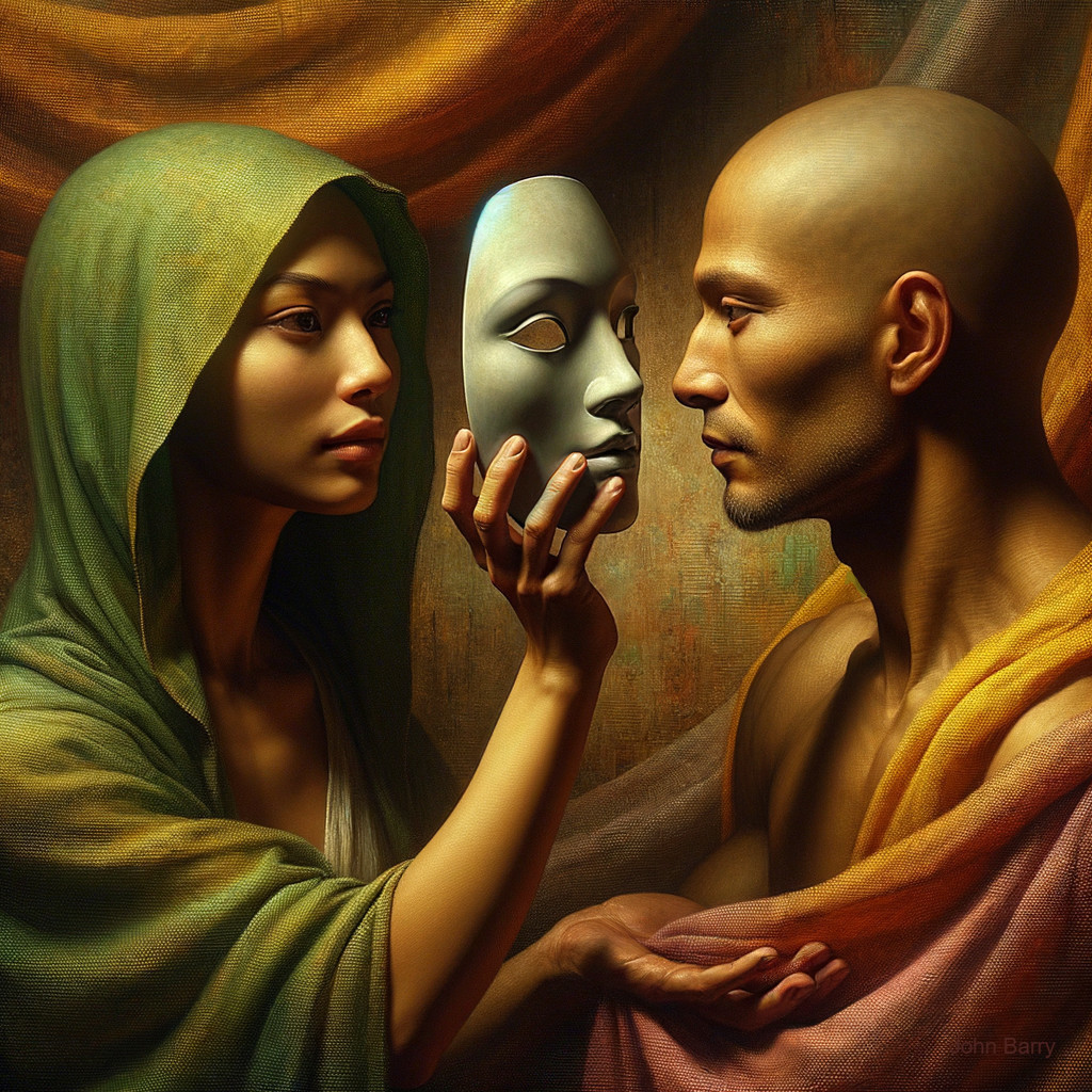 Woman in Green Hood Holding White Mask to Man