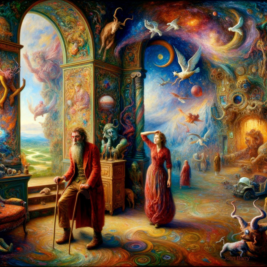 Surreal Scene in Ornate Room with Mystical Elements