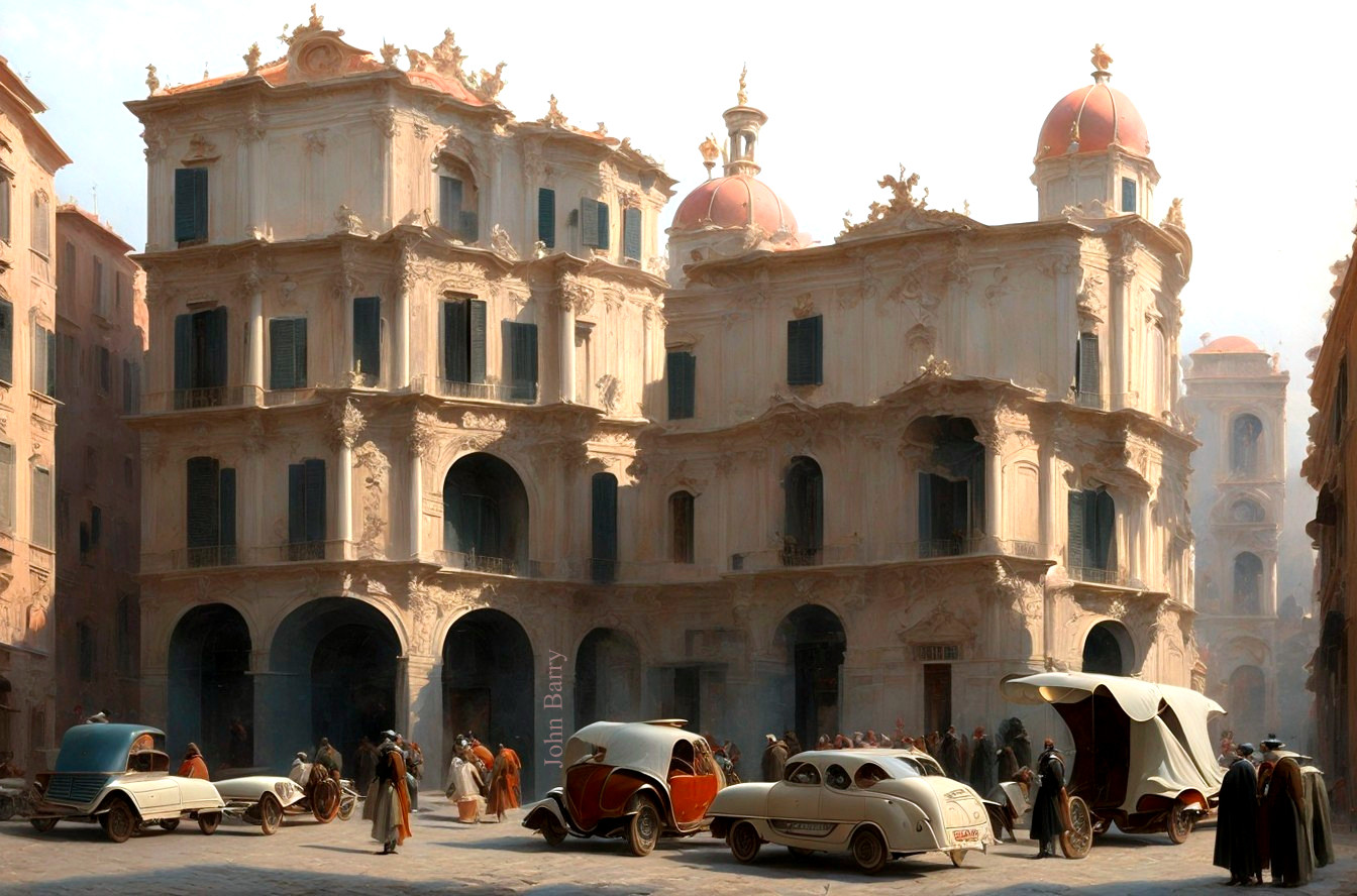 Classic Cars and Pedestrians in Historic Street Scene