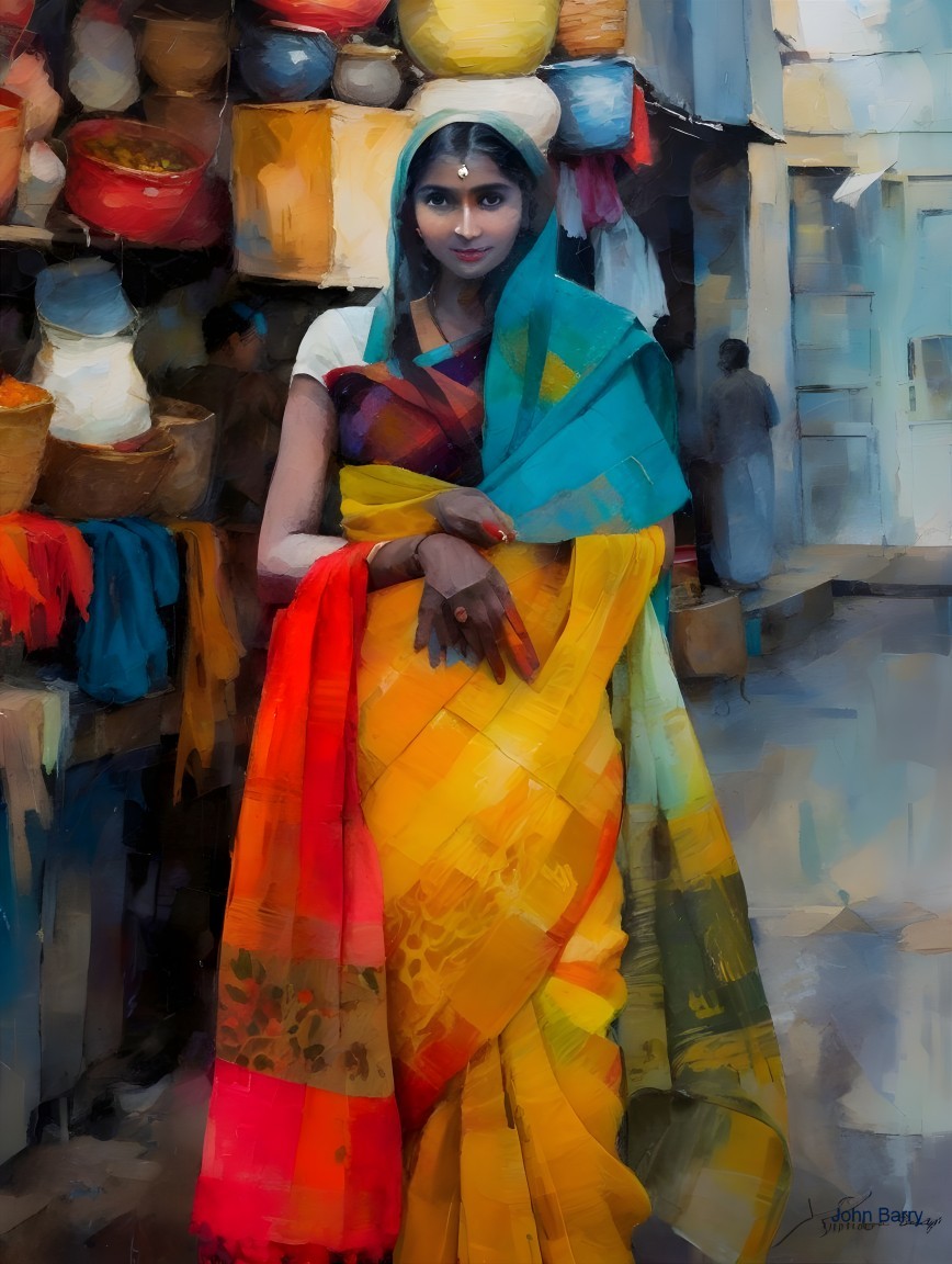 Vibrant Painting of Woman in Traditional Attire at Market