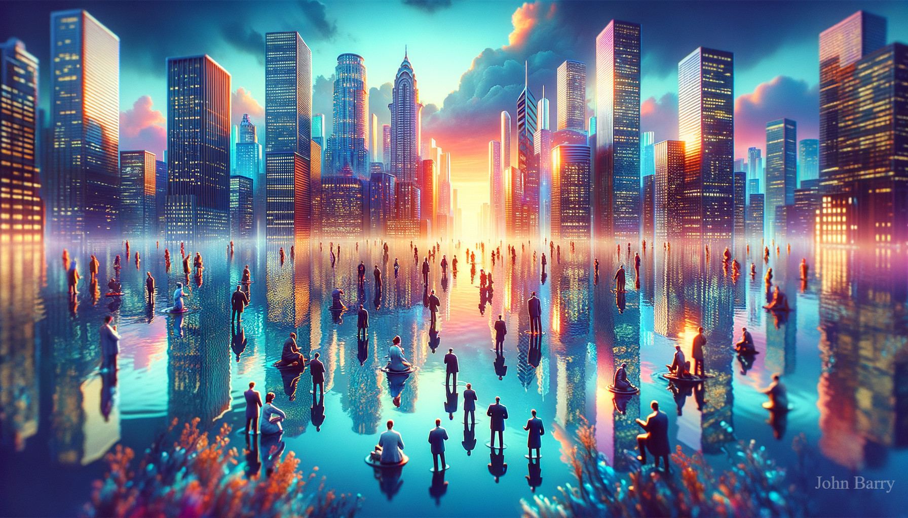 Vibrant Cityscape at Sunset with Reflective Water