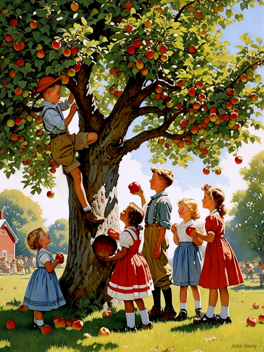 Children Playing Under a Sunny Sky by an Apple Tree
