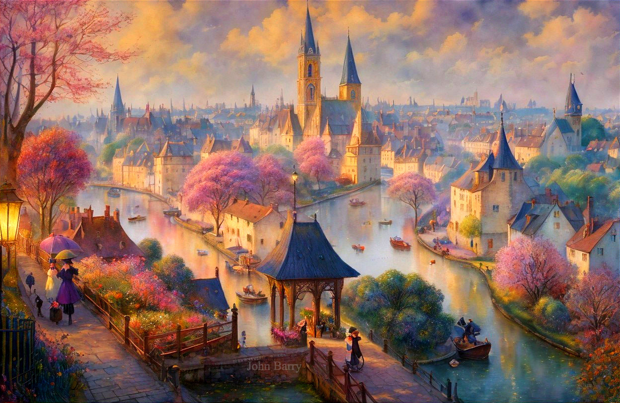 Tranquil riverside scene with cherry blossoms and boats