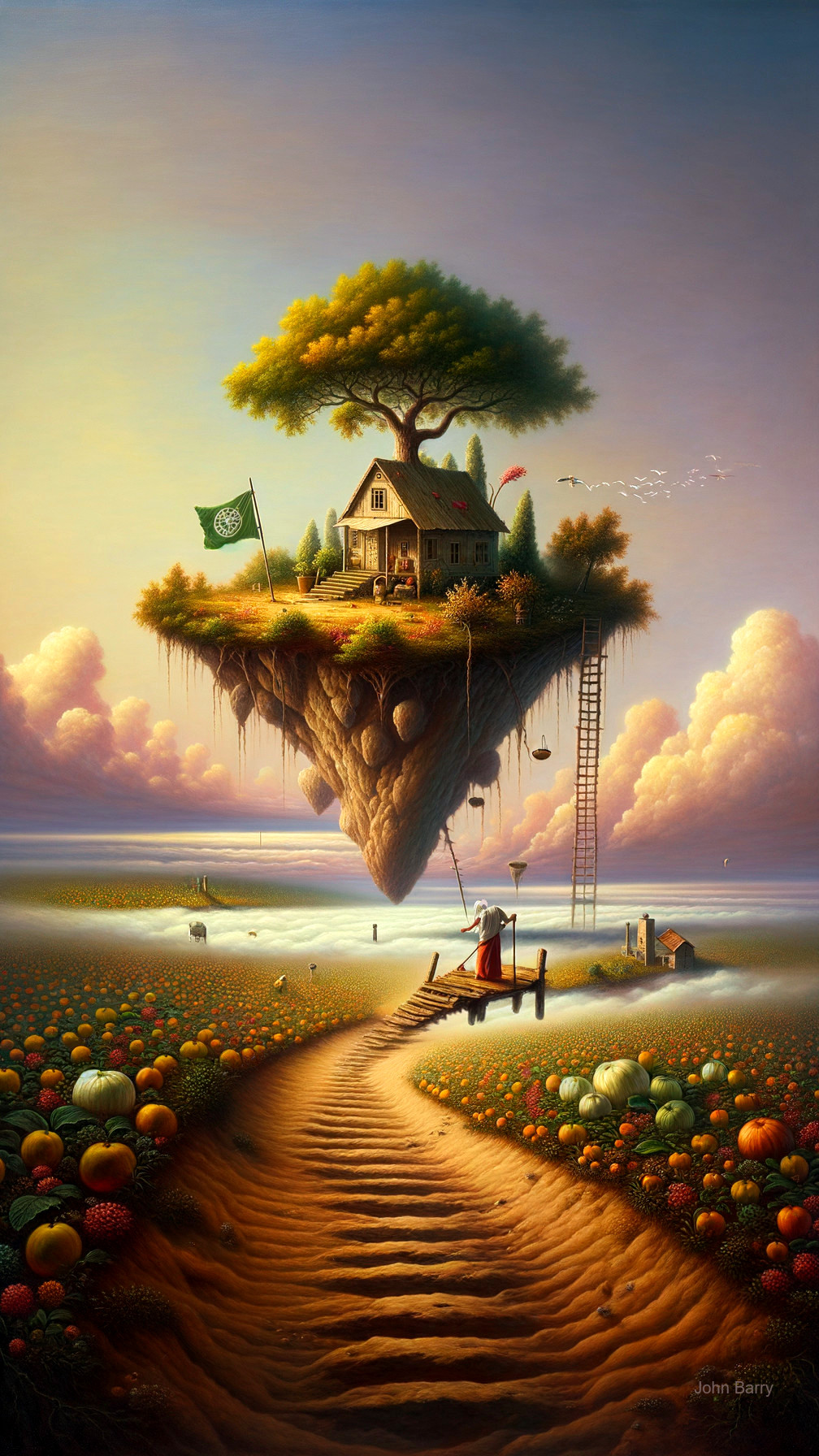 Whimsical Floating Island with Cozy House and Nature