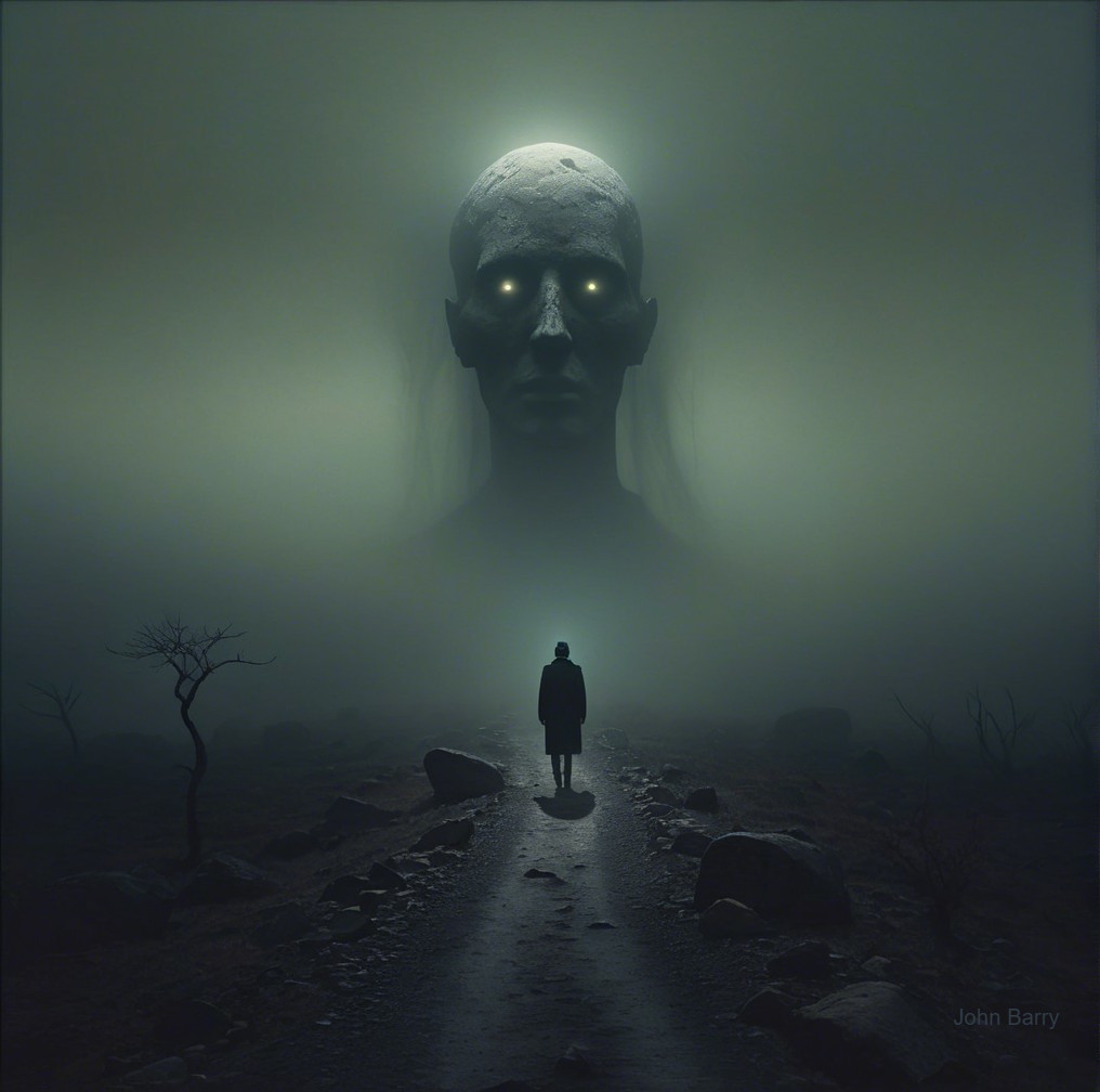 Eerie Landscape with Solitary Figure and Glowing Head