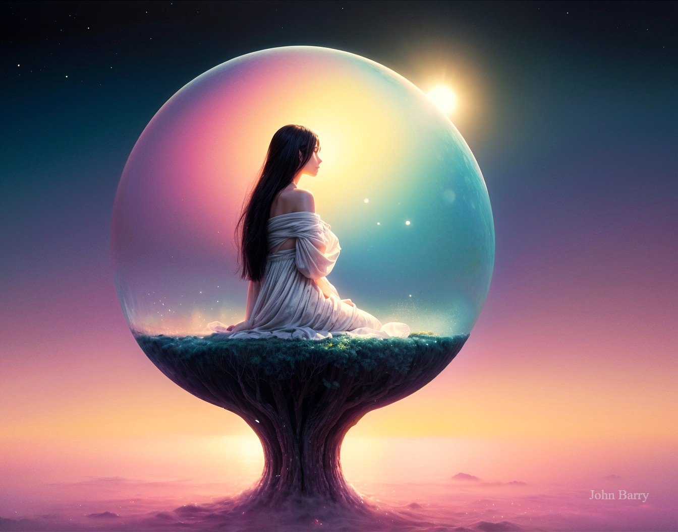 Serene figure in bubble gazes at radiant sun landscape