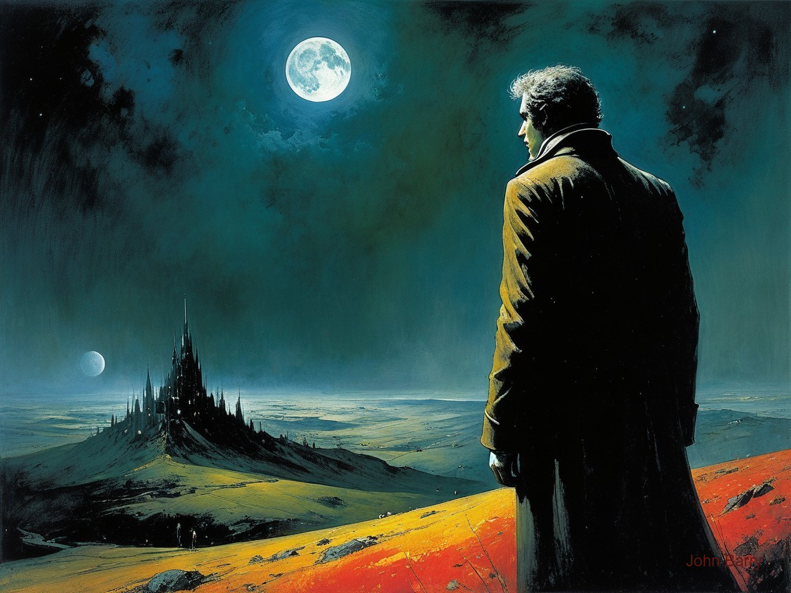 Lone Figure on Desolate Landscape with Dark Fortress