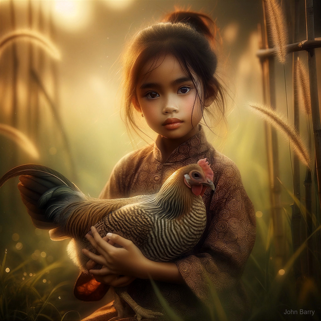 Young girl with striped chicken in misty landscape