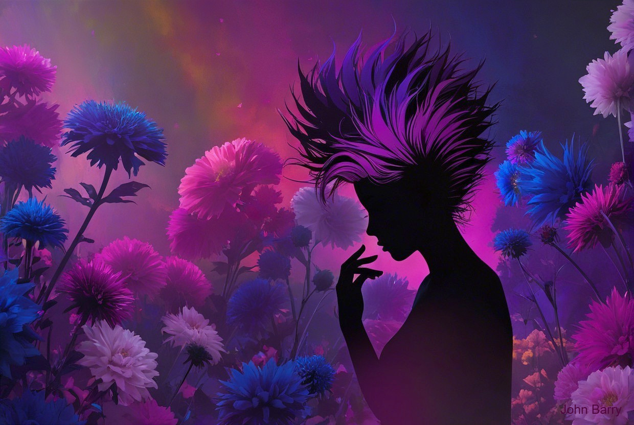 Silhouette of Woman Against Colorful Floral Background