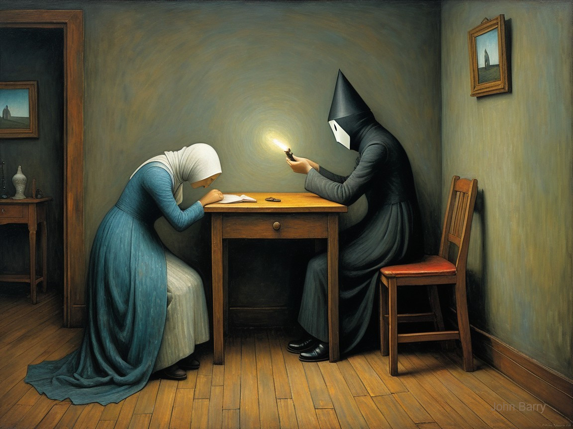 Tense Scene with Woman in Blue Dress and Dark Figure