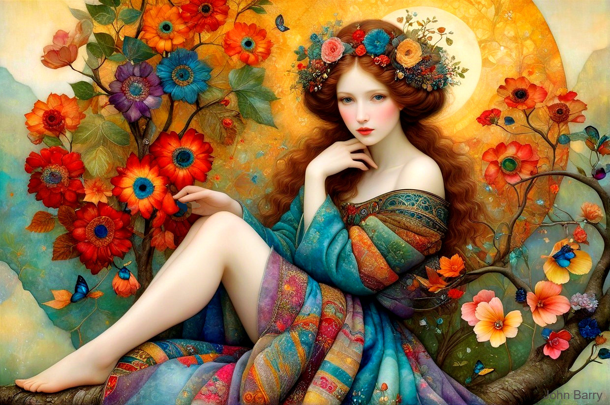 Young woman in floral setting with butterflies and sun