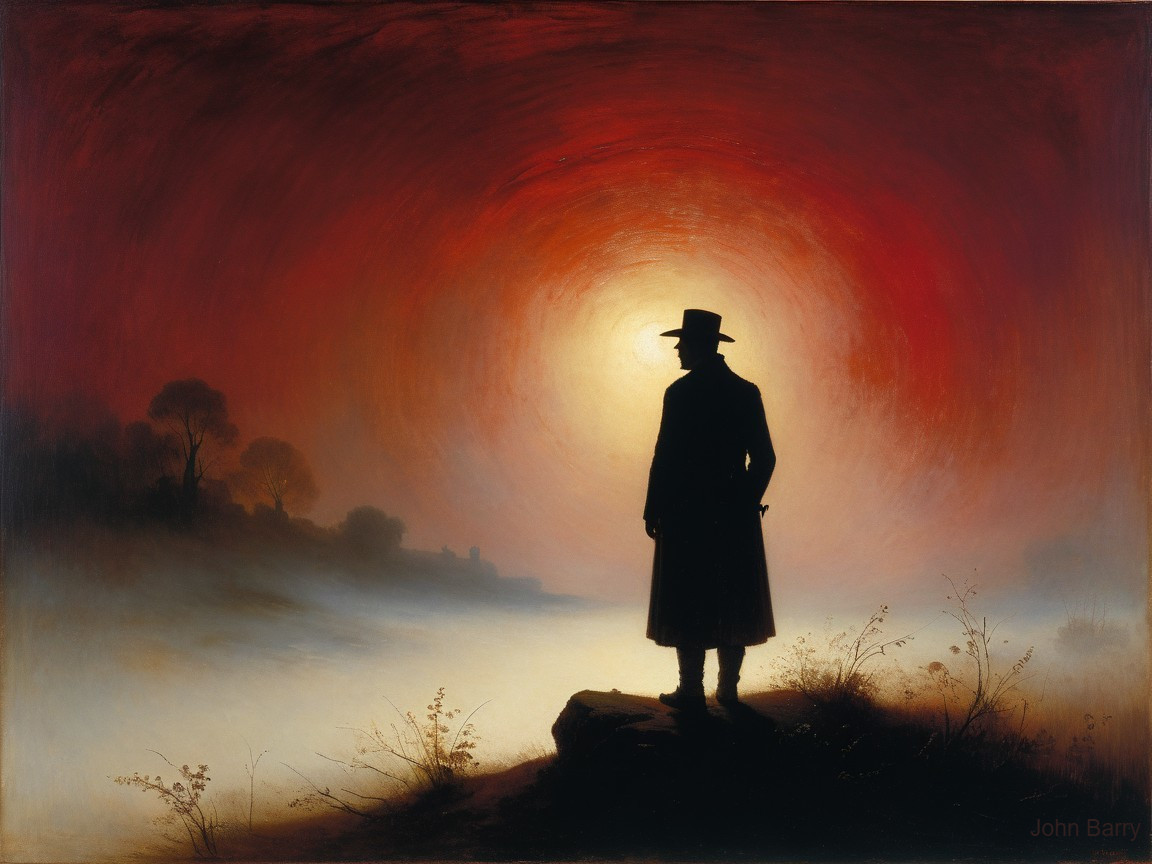Solitary Figure Against a Vibrant Sunset Landscape