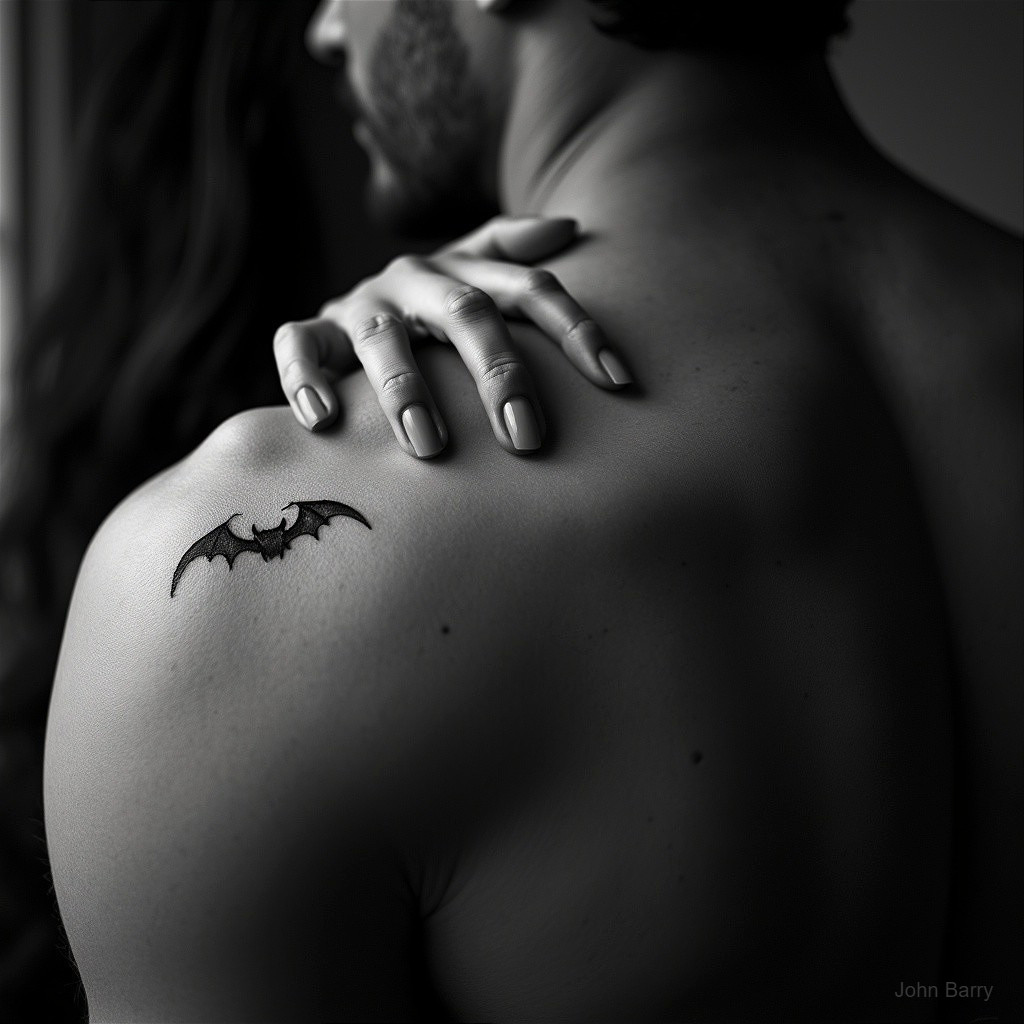 Black and White Close-Up of Bat Tattoo on Shoulder