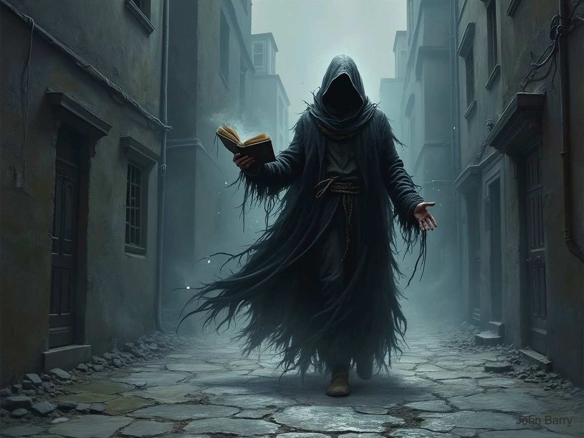 Mysterious Figure in Foggy Alley with Ancient Book