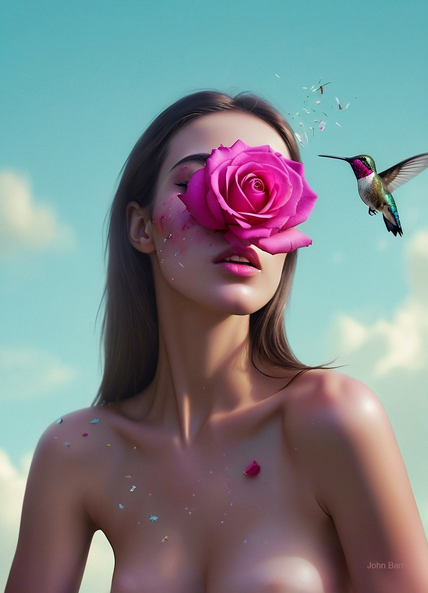 Surreal Portrait of a Woman with Rose and Hummingbird