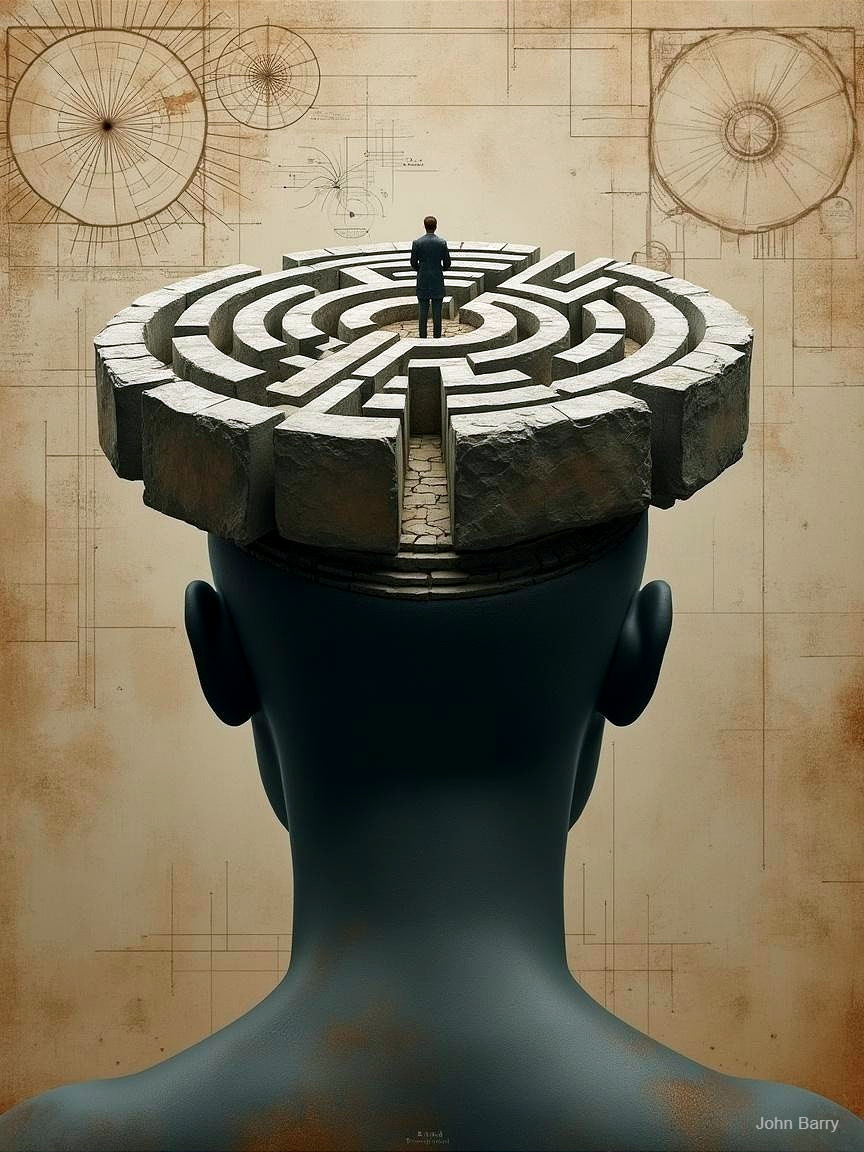 Stylized Silhouette with Labyrinth and Geometric Patterns